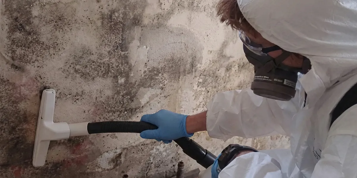 professional mold removal technician wearing protective equipment removing mold from a wall in Baton Rouge, LA